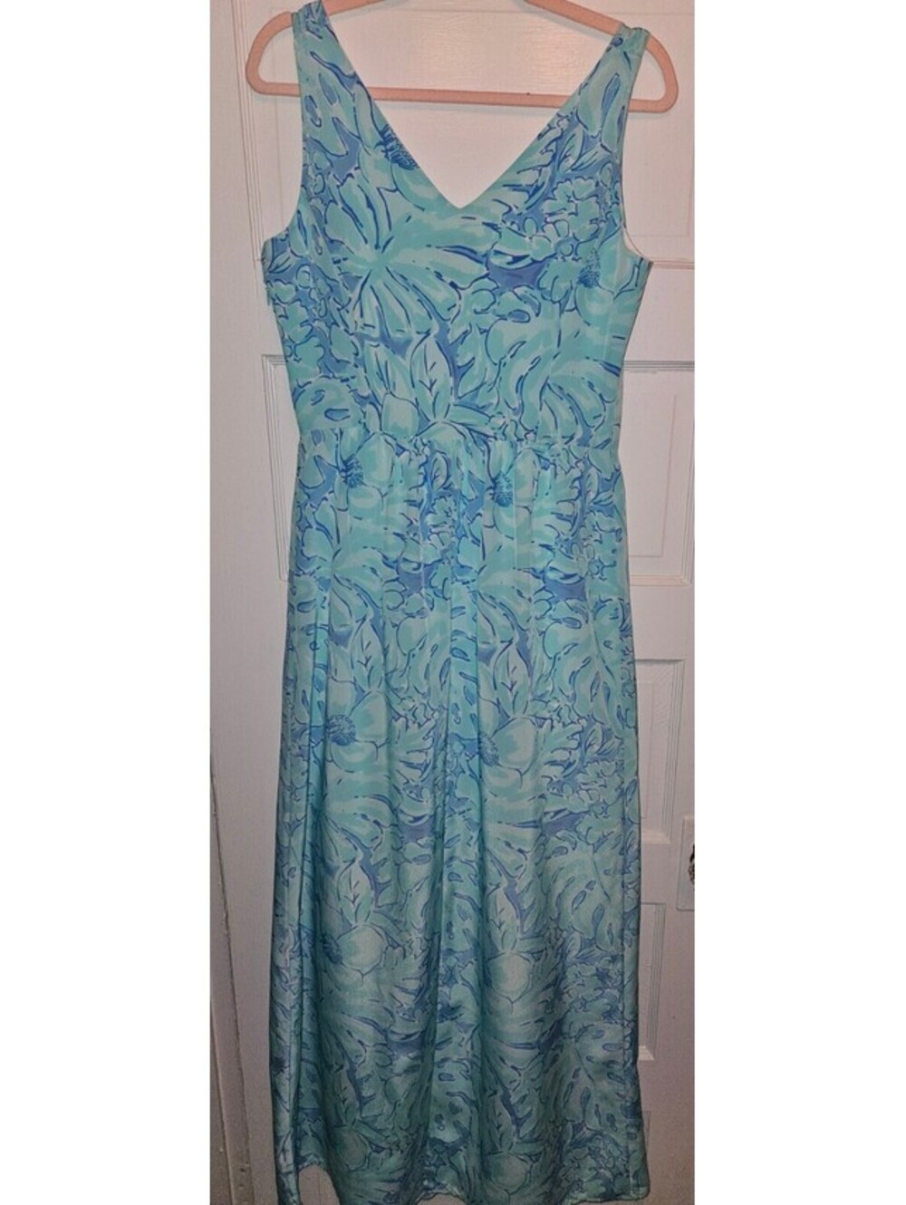Vineyard Vines Size 8 Palm Leaf Print Blue Aquamarine Turquoise Maxi Dress